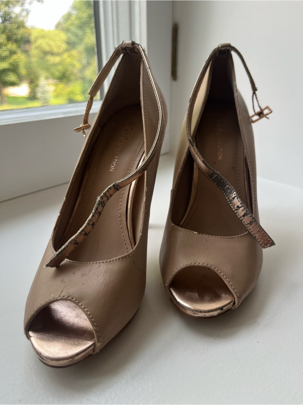 BCBGeneration Taupe Peep-Toe Ankle-Strap Heels with Metallic Rose Gold Accents